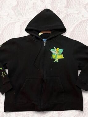2000s Disney Black Hoodie with Green Tinkerbell 'Fly Girl' Graphic
